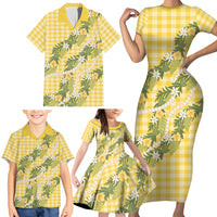 Aloha Puakenikeni Anthurium Pikake Lei Family Matching Short Sleeve Bodycon Dress and Hawaiian Shirt Gold Hawaiian Palaka Pattern