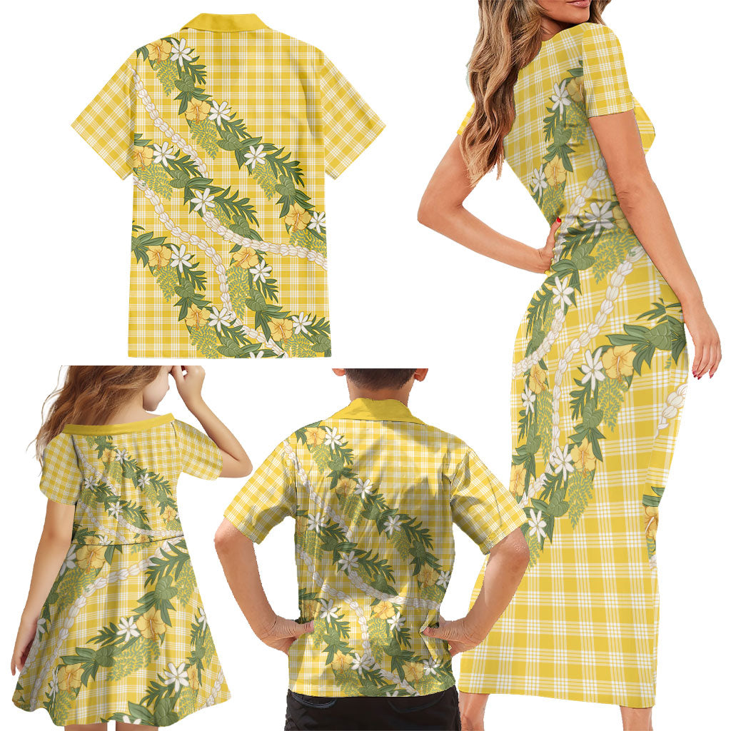 Aloha Puakenikeni Anthurium Pikake Lei Family Matching Short Sleeve Bodycon Dress and Hawaiian Shirt Gold Hawaiian Palaka Pattern
