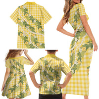 Aloha Puakenikeni Anthurium Pikake Lei Family Matching Short Sleeve Bodycon Dress and Hawaiian Shirt Gold Hawaiian Palaka Pattern