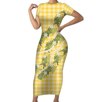 Aloha Puakenikeni Anthurium Pikake Lei Family Matching Short Sleeve Bodycon Dress and Hawaiian Shirt Gold Hawaiian Palaka Pattern
