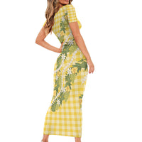 Aloha Puakenikeni Anthurium Pikake Lei Family Matching Short Sleeve Bodycon Dress and Hawaiian Shirt Gold Hawaiian Palaka Pattern