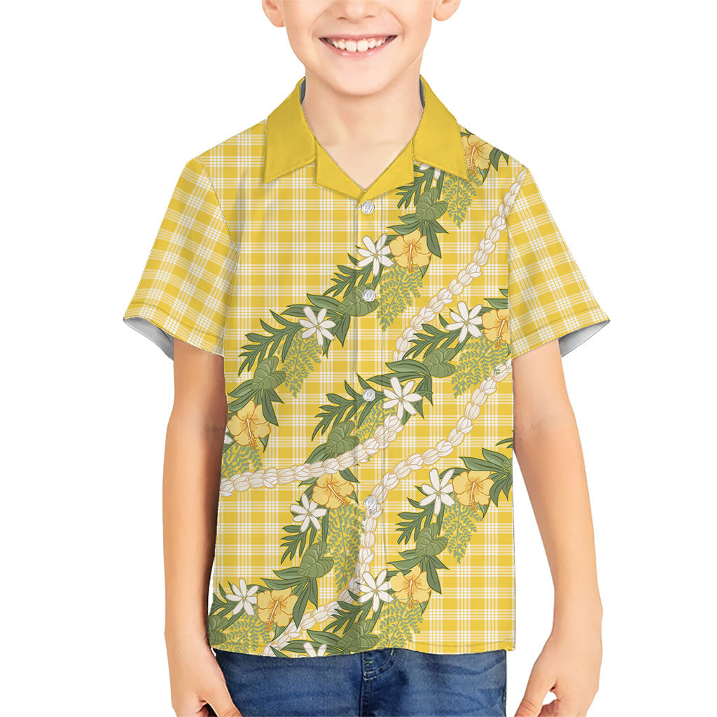 Aloha Puakenikeni Anthurium Pikake Lei Family Matching Short Sleeve Bodycon Dress and Hawaiian Shirt Gold Hawaiian Palaka Pattern