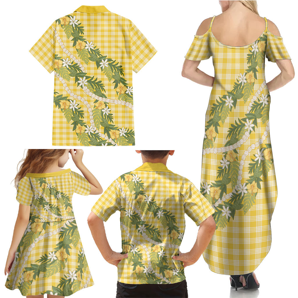 Aloha Puakenikeni Anthurium Pikake Lei Family Matching Summer Maxi Dress and Hawaiian Shirt Gold Hawaiian Palaka Pattern
