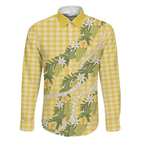 Aloha Puakenikeni Anthurium Pikake Lei Family Matching Summer Maxi Dress and Hawaiian Shirt Gold Hawaiian Palaka Pattern