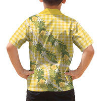 Aloha Puakenikeni Anthurium Pikake Lei Family Matching Tank Maxi Dress and Hawaiian Shirt Gold Hawaiian Palaka Pattern