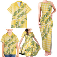 Aloha Puakenikeni Anthurium Pikake Lei Family Matching Tank Maxi Dress and Hawaiian Shirt Gold Hawaiian Palaka Pattern