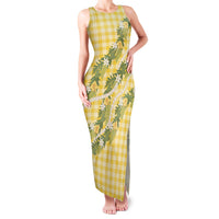 Aloha Puakenikeni Anthurium Pikake Lei Family Matching Tank Maxi Dress and Hawaiian Shirt Gold Hawaiian Palaka Pattern