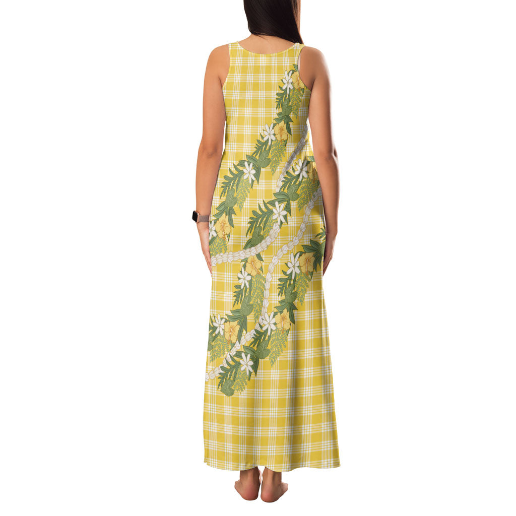 Aloha Puakenikeni Anthurium Pikake Lei Family Matching Tank Maxi Dress and Hawaiian Shirt Gold Hawaiian Palaka Pattern