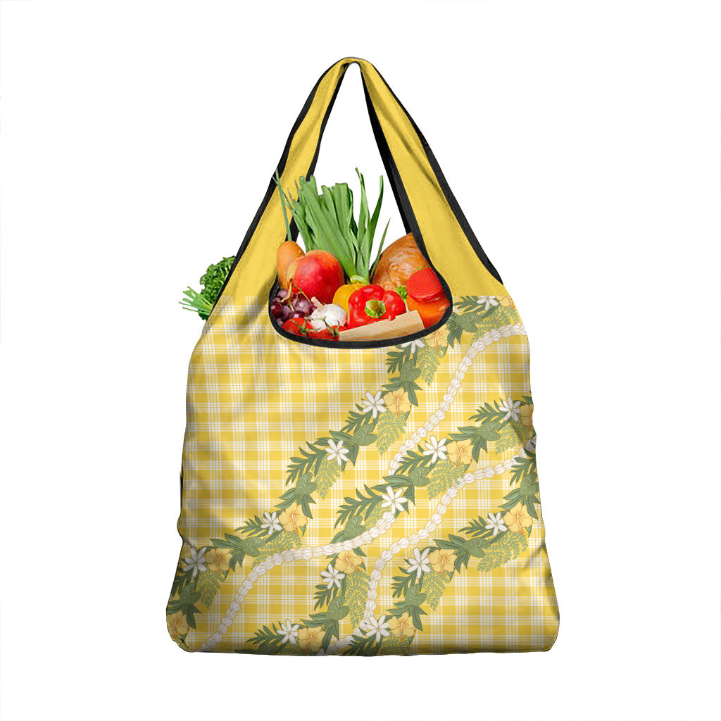 Aloha Puakenikeni Anthurium Pikake Lei Grocery Bag Gold Hawaiian Palaka Pattern