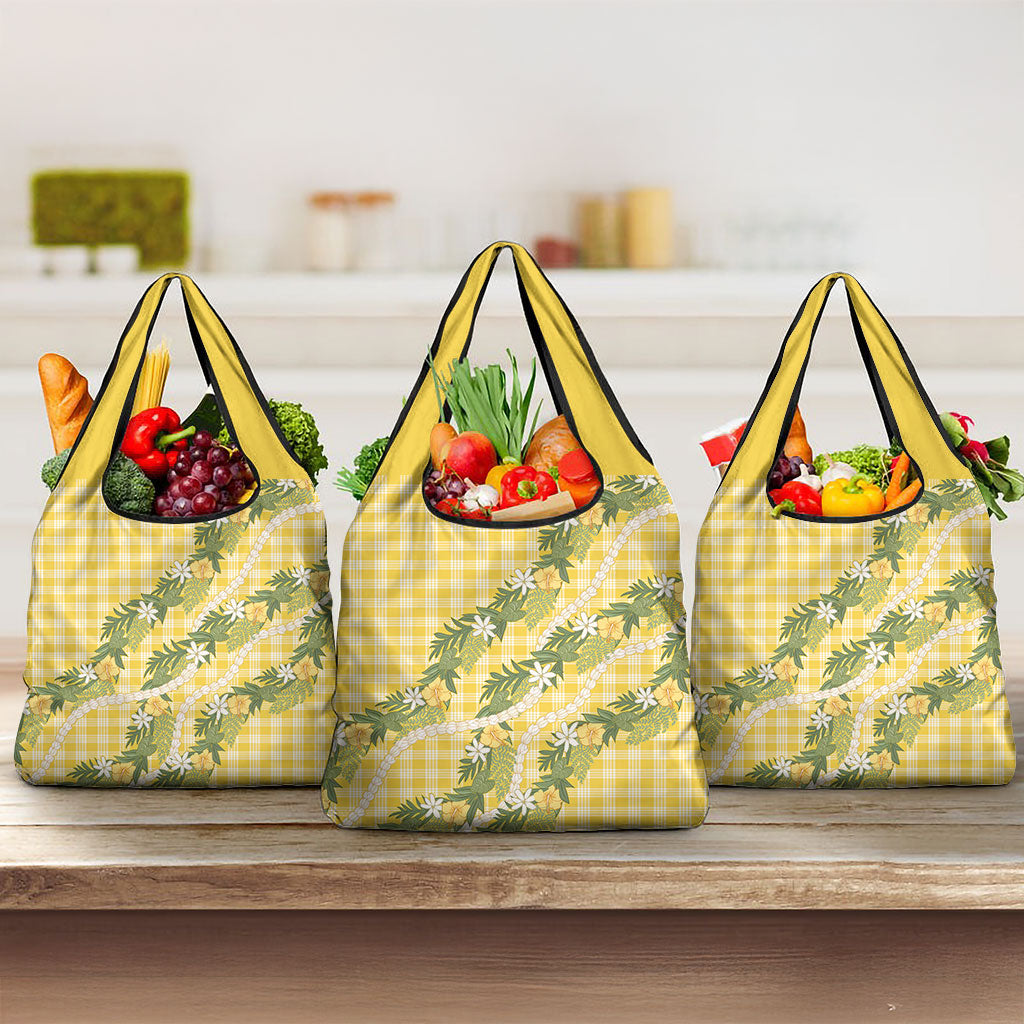 Aloha Puakenikeni Anthurium Pikake Lei Grocery Bag Gold Hawaiian Palaka Pattern
