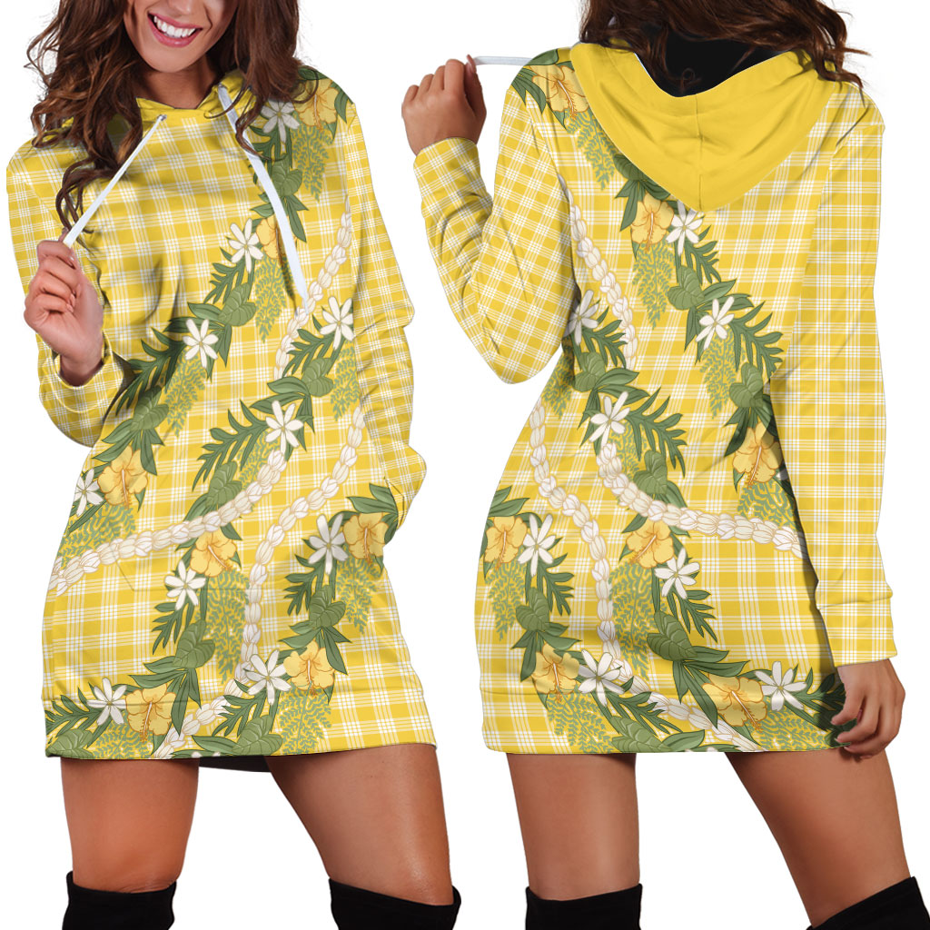 Aloha Puakenikeni Anthurium Pikake Lei Hoodie Dress Gold Hawaiian Palaka Pattern