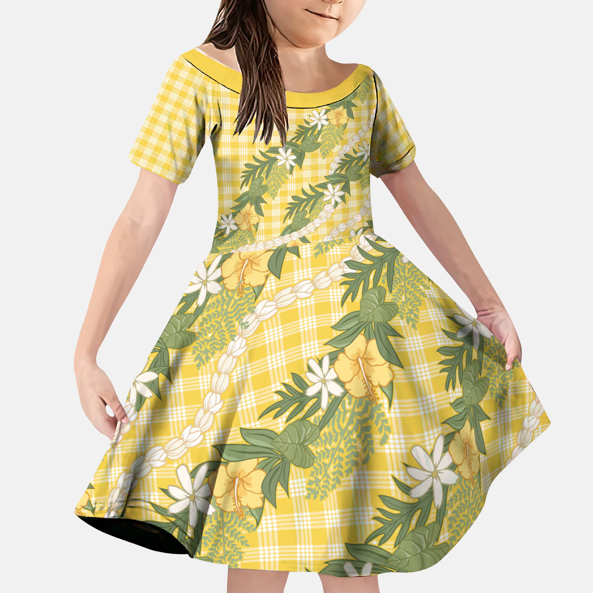 Aloha Puakenikeni Anthurium Pikake Lei Kid Short Sleeve Dress Gold Hawaiian Palaka Pattern LT9 KID Gold - Polynesian Pride