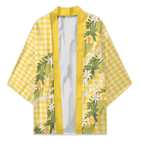 Aloha Puakenikeni Anthurium Pikake Lei Kimono Gold Hawaiian Palaka Pattern