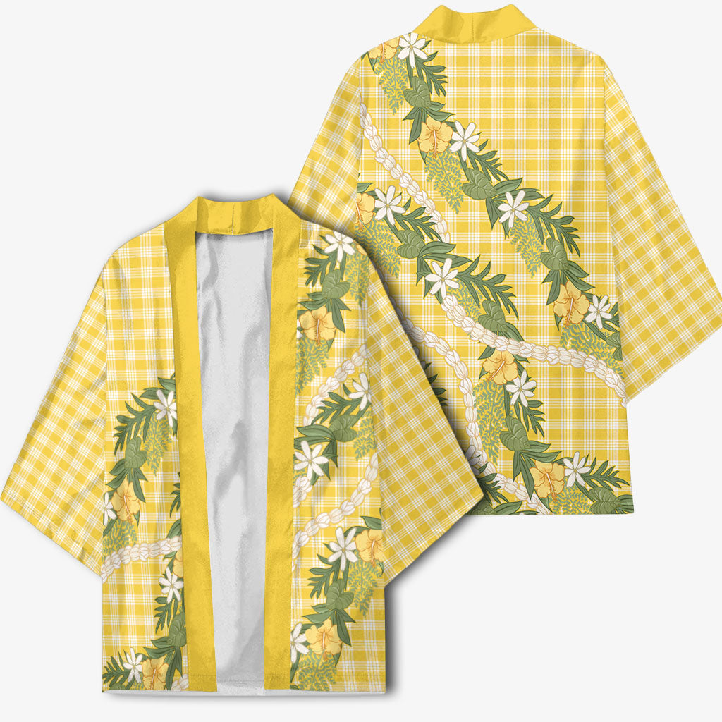 Aloha Puakenikeni Anthurium Pikake Lei Kimono Gold Hawaiian Palaka Pattern