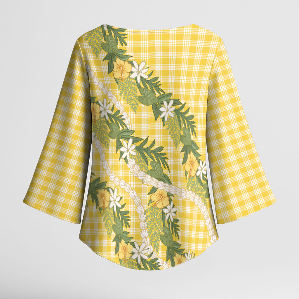 Aloha Puakenikeni Anthurium Pikake Lei Kimono Sleeve Blouse Gold Hawaiian Palaka Pattern