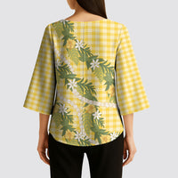 Aloha Puakenikeni Anthurium Pikake Lei Kimono Sleeve Blouse Gold Hawaiian Palaka Pattern