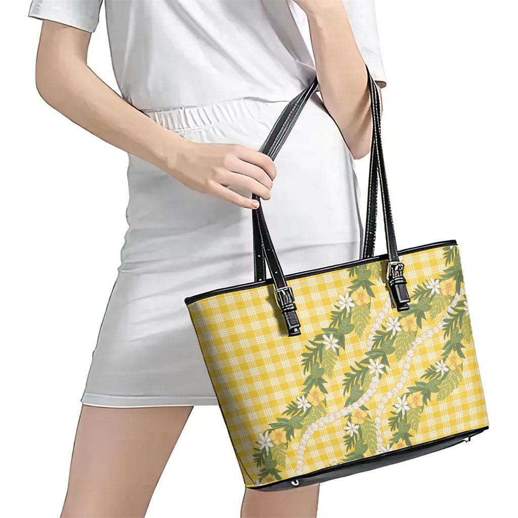 Aloha Puakenikeni Anthurium Pikake Lei Leather Tote Bag Gold Hawaiian Palaka Pattern
