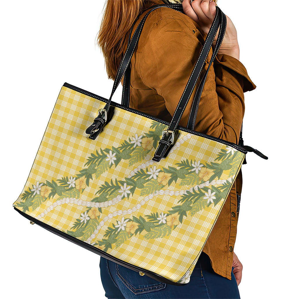 Aloha Puakenikeni Anthurium Pikake Lei Leather Tote Bag Gold Hawaiian Palaka Pattern