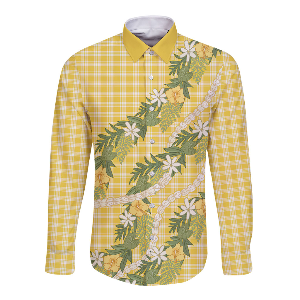 Aloha Puakenikeni Anthurium Pikake Lei Long Sleeve Button Shirt Gold Hawaiian Palaka Pattern