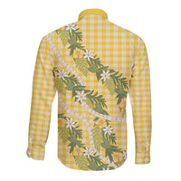 Aloha Puakenikeni Anthurium Pikake Lei Long Sleeve Button Shirt Gold Hawaiian Palaka Pattern