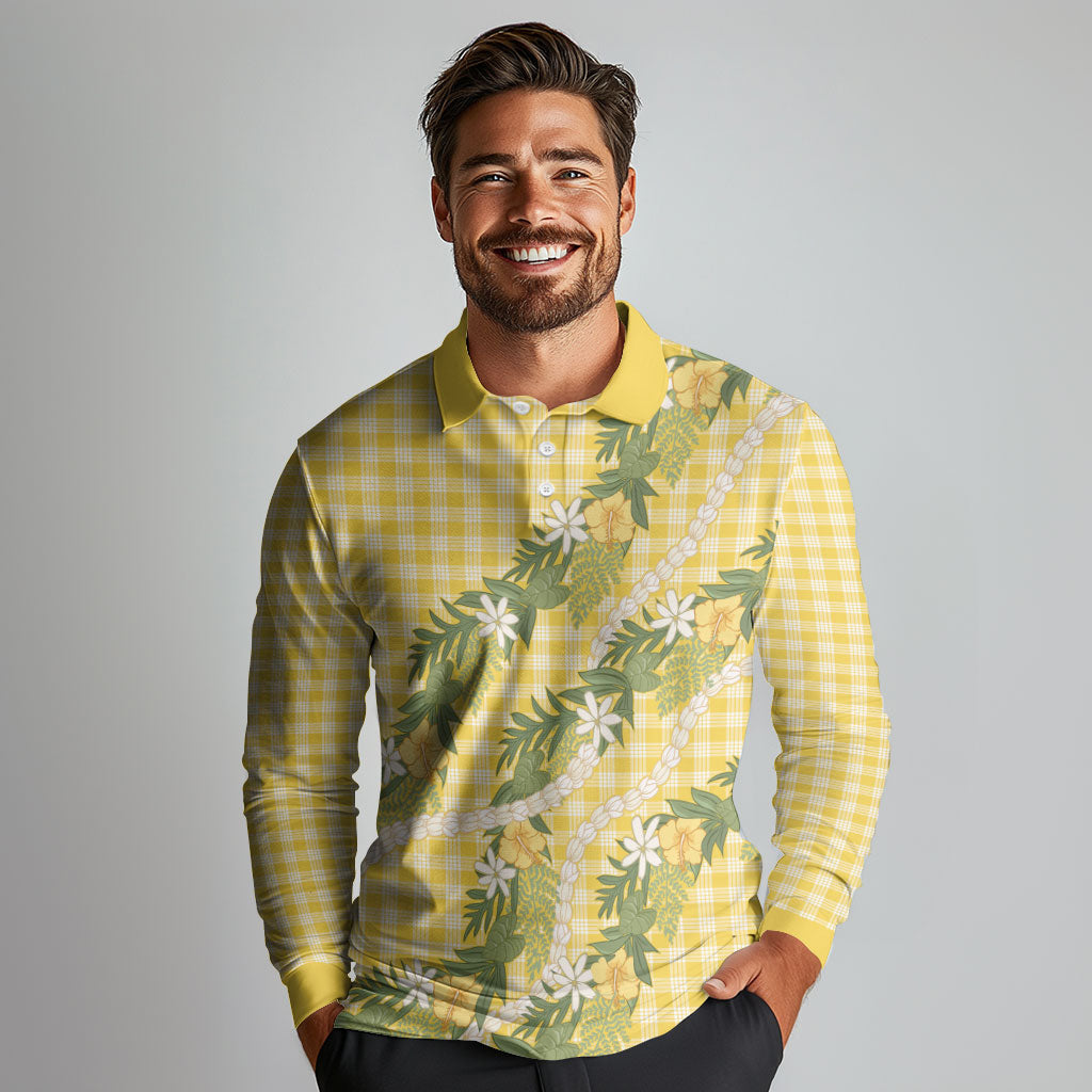 Aloha Puakenikeni Anthurium Pikake Lei Long Sleeve Polo Shirt Gold Hawaiian Palaka Pattern