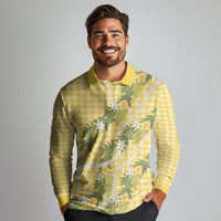Aloha Puakenikeni Anthurium Pikake Lei Long Sleeve Polo Shirt Gold Hawaiian Palaka Pattern