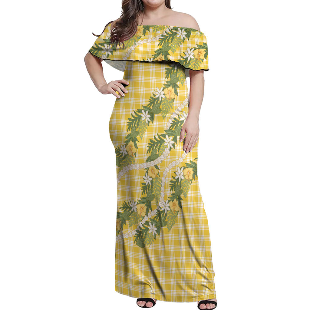 Aloha Puakenikeni Anthurium Pikake Lei Off Shoulder Maxi Dress Gold Hawaiian Palaka Pattern LT9 Women Gold - Polynesian Pride