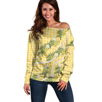 Aloha Puakenikeni Anthurium Pikake Lei Off Shoulder Sweater Gold Hawaiian Palaka Pattern