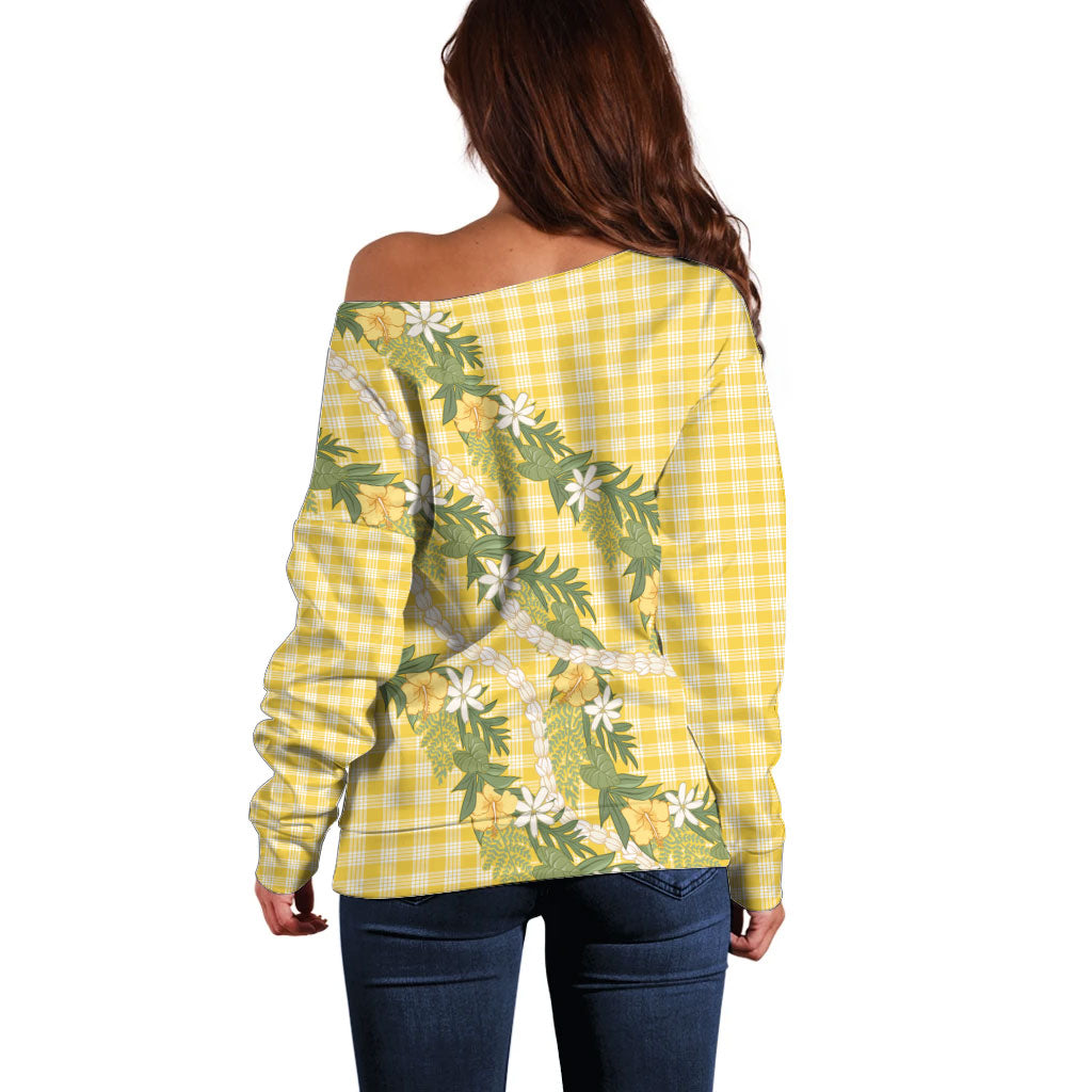 Aloha Puakenikeni Anthurium Pikake Lei Off Shoulder Sweater Gold Hawaiian Palaka Pattern