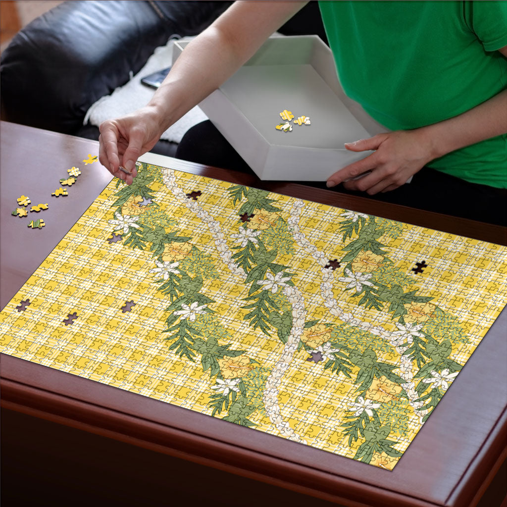 Aloha Puakenikeni Anthurium Pikake Lei Puzzle Gold Hawaiian Palaka Pattern