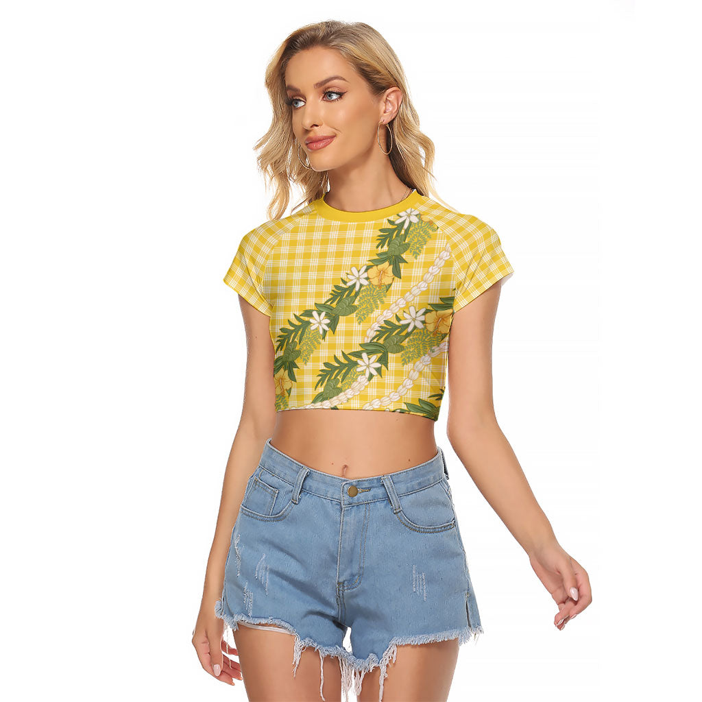 Aloha Puakenikeni Anthurium Pikake Lei Raglan Cropped T Shirt Gold Hawaiian Palaka Pattern LT9 Female Gold - Polynesian Pride