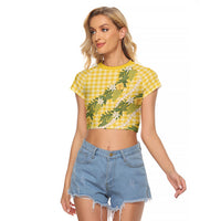 Aloha Puakenikeni Anthurium Pikake Lei Raglan Cropped T Shirt Gold Hawaiian Palaka Pattern