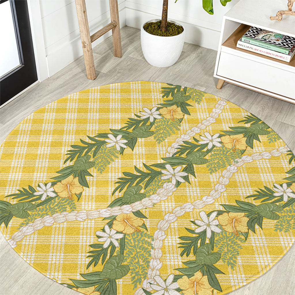 Aloha Puakenikeni Anthurium Pikake Lei Round Carpet Gold Hawaiian Palaka Pattern