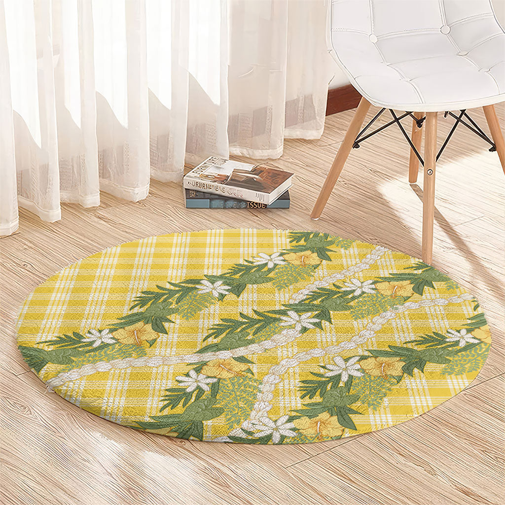 Aloha Puakenikeni Anthurium Pikake Lei Round Carpet Gold Hawaiian Palaka Pattern