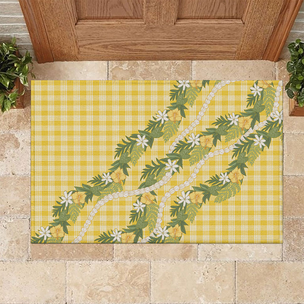 Aloha Puakenikeni Anthurium Pikake Lei Rubber Doormat Gold Hawaiian Palaka Pattern