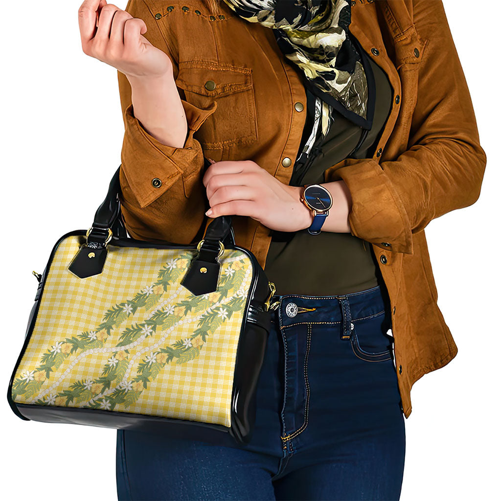 Aloha Puakenikeni Anthurium Pikake Lei Shoulder Handbag Gold Hawaiian Palaka Pattern