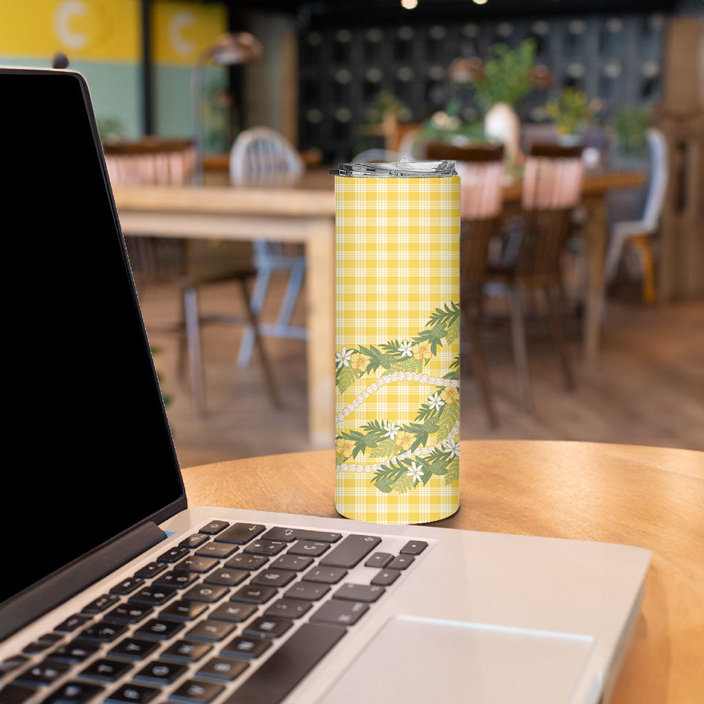 Aloha Puakenikeni Anthurium Pikake Lei Skinny Tumbler Gold Hawaiian Palaka Pattern