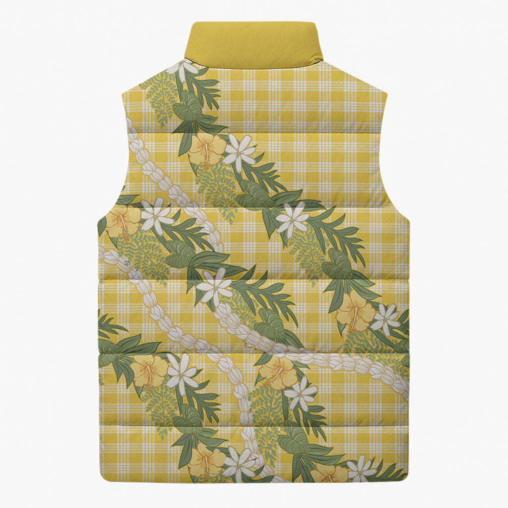 Aloha Puakenikeni Anthurium Pikake Lei Sleeveless Puffer Jacket Gold Hawaiian Palaka Pattern