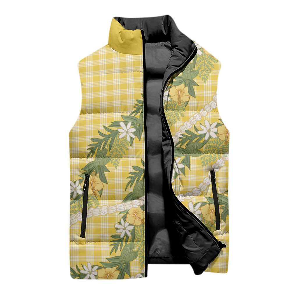 Aloha Puakenikeni Anthurium Pikake Lei Sleeveless Puffer Jacket Gold Hawaiian Palaka Pattern