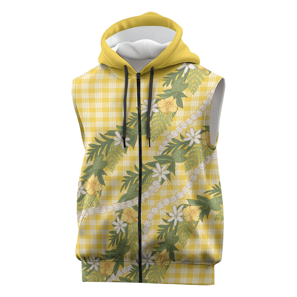 Aloha Puakenikeni Anthurium Pikake Lei Sleeveless Zip Hoodie Gold Hawaiian Palaka Pattern