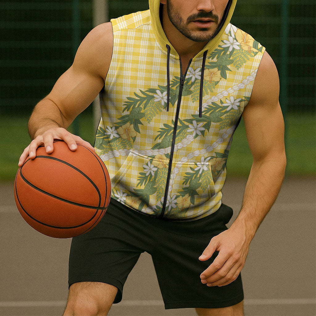 Aloha Puakenikeni Anthurium Pikake Lei Sleeveless Zip Hoodie Gold Hawaiian Palaka Pattern