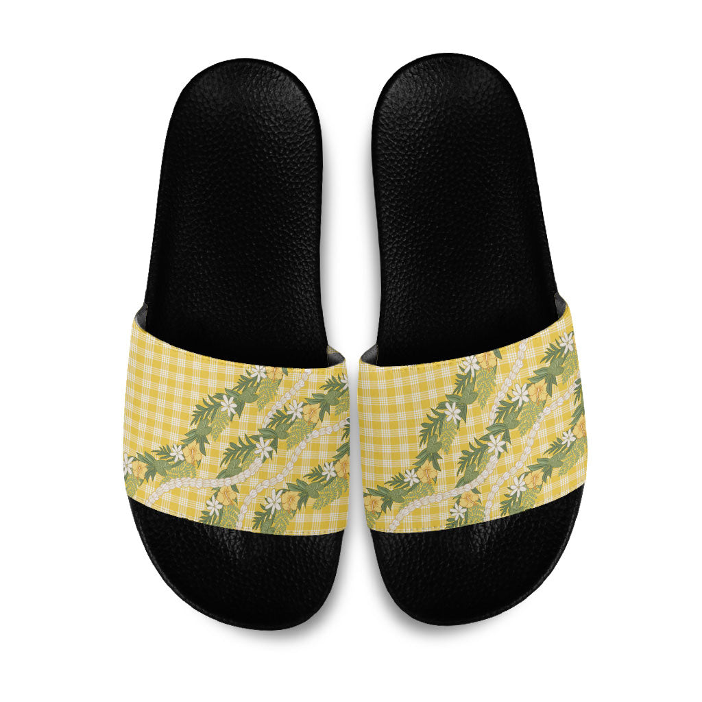 Aloha Puakenikeni Anthurium Pikake Lei Slide Sandals Gold Hawaiian Palaka Pattern