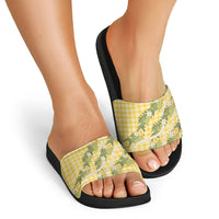 Aloha Puakenikeni Anthurium Pikake Lei Slide Sandals Gold Hawaiian Palaka Pattern