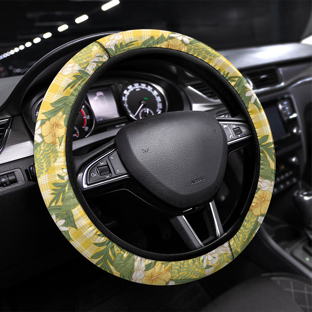 Aloha Puakenikeni Anthurium Pikake Lei Steering Wheel Cover Gold Hawaiian Palaka Pattern LT9 Universal Fit Gold - Polynesian Pride