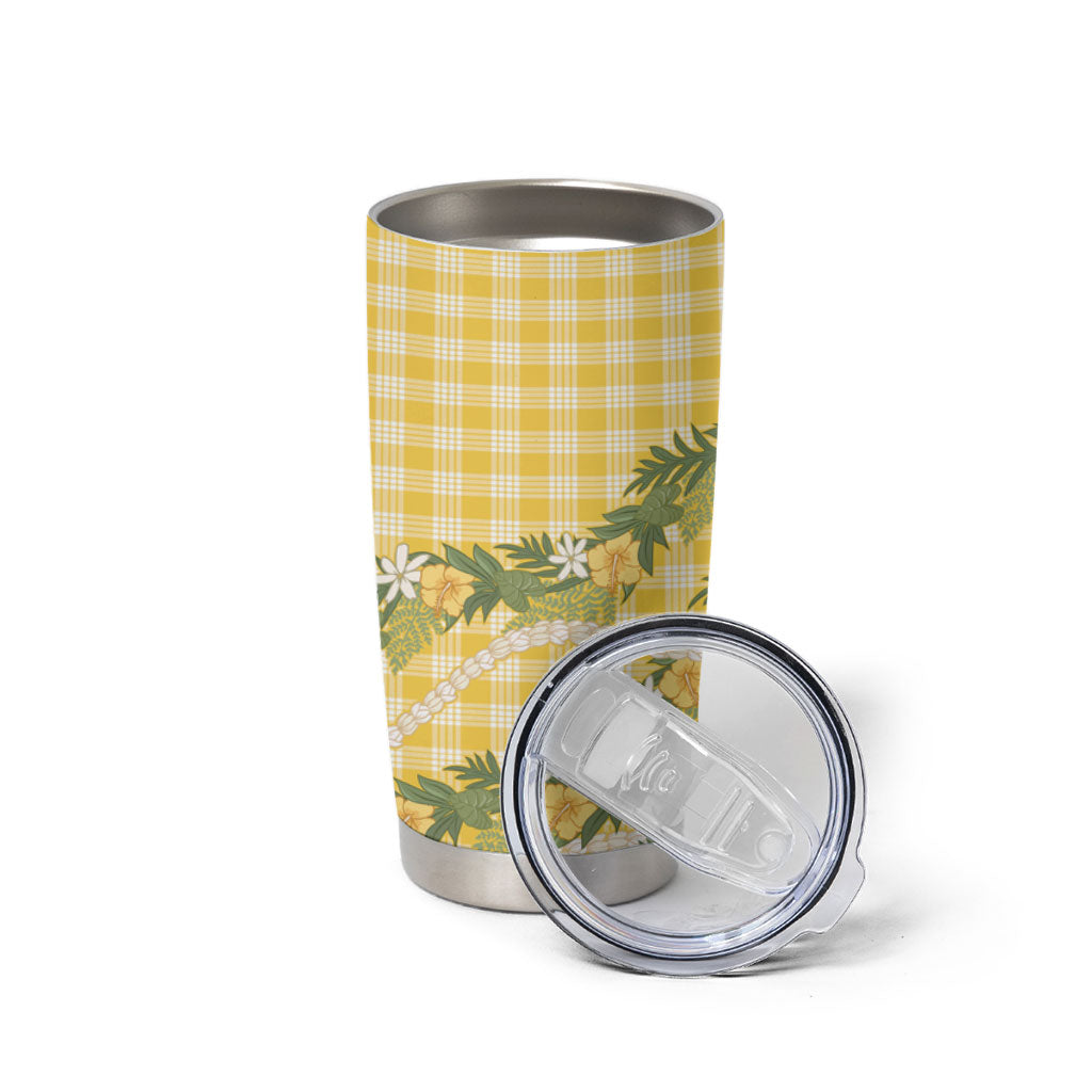 Aloha Puakenikeni Anthurium Pikake Lei Tumbler Cup Gold Hawaiian Palaka Pattern