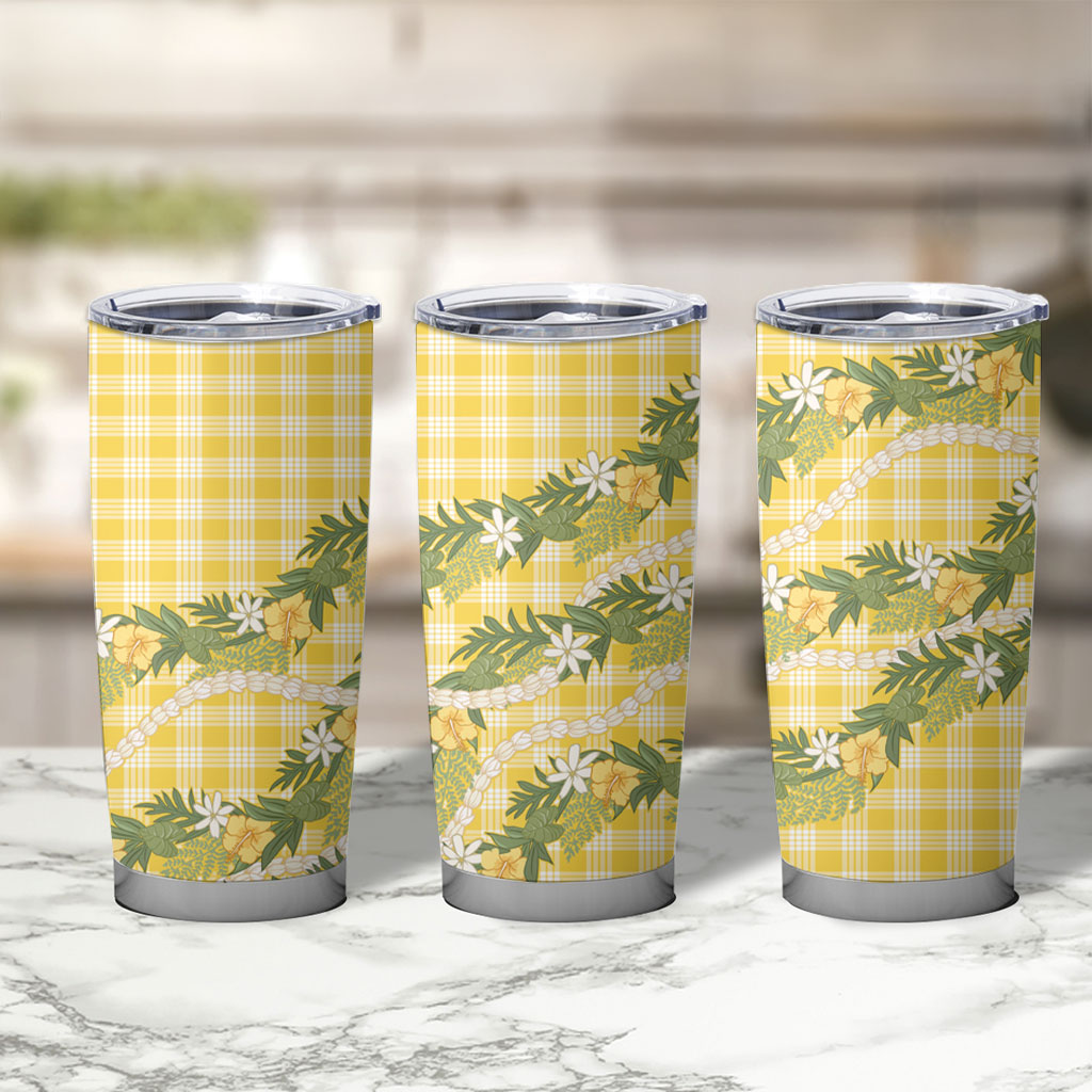 Aloha Puakenikeni Anthurium Pikake Lei Tumbler Cup Gold Hawaiian Palaka Pattern