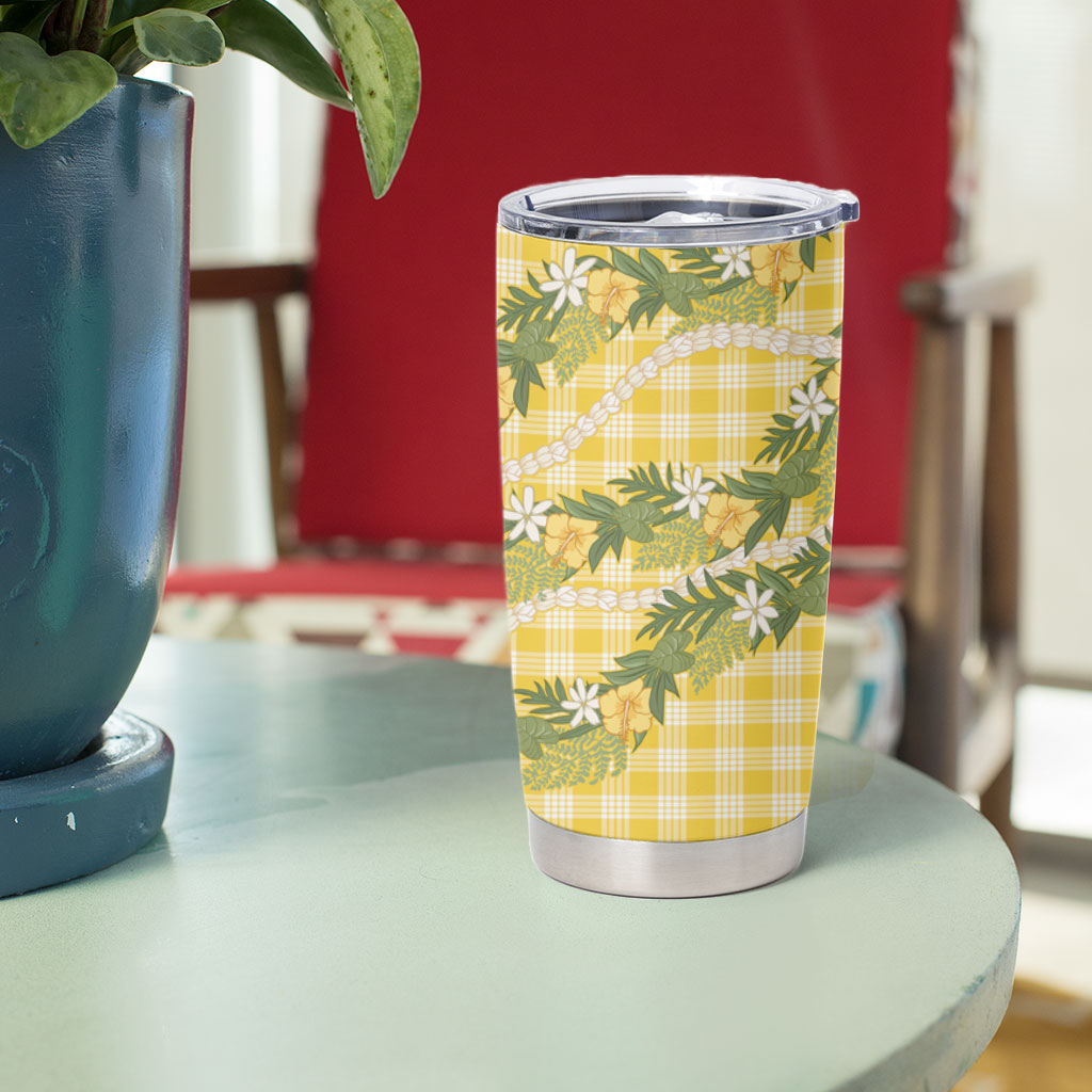 Aloha Puakenikeni Anthurium Pikake Lei Tumbler Cup Gold Hawaiian Palaka Pattern