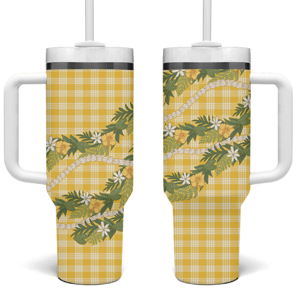 Aloha Puakenikeni Anthurium Pikake Lei Tumbler With Handle Gold Hawaiian Palaka Pattern