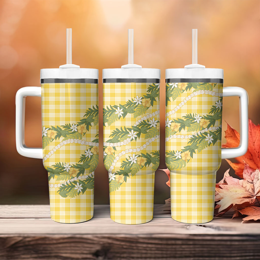 Aloha Puakenikeni Anthurium Pikake Lei Tumbler With Handle Gold Hawaiian Palaka Pattern