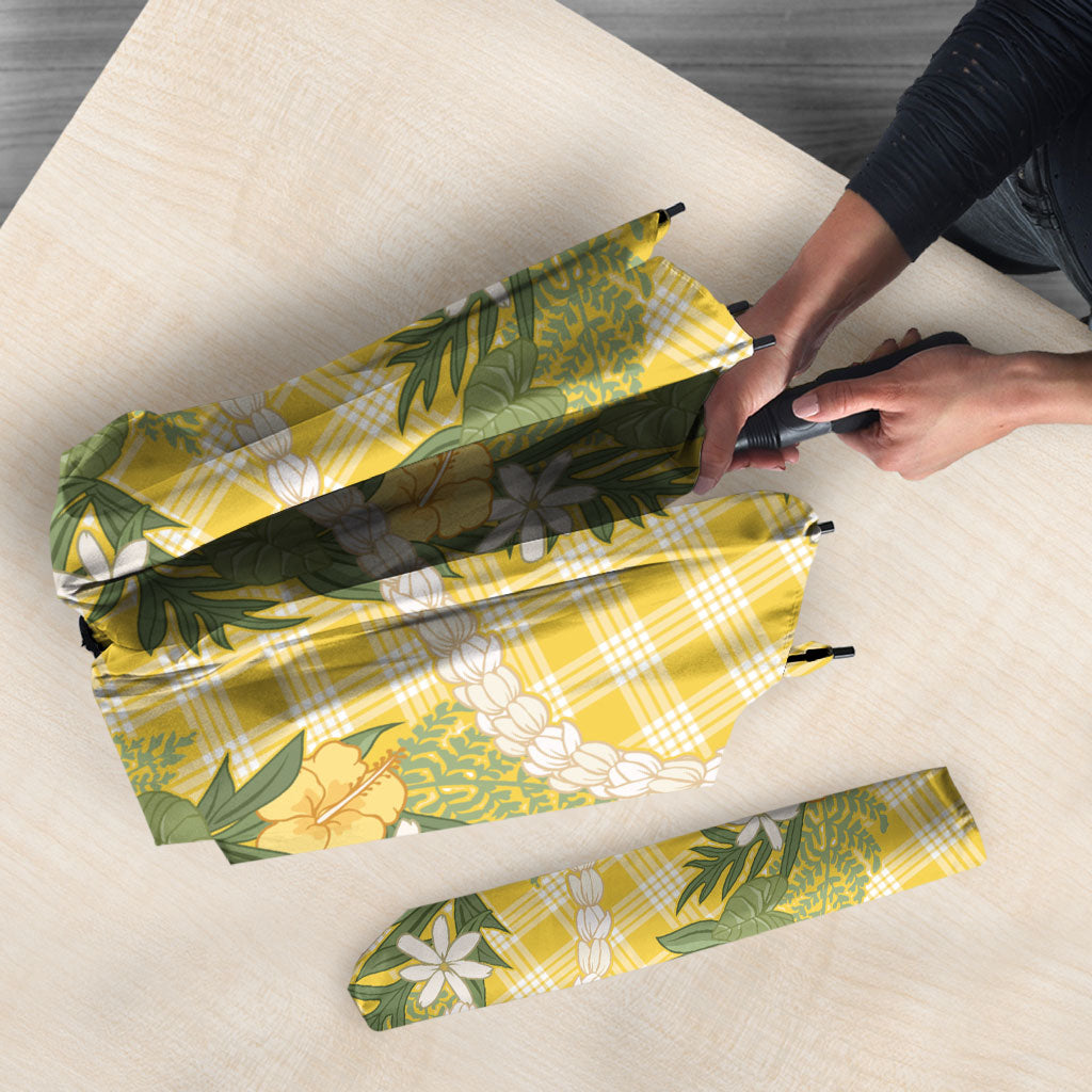 Aloha Puakenikeni Anthurium Pikake Lei Umbrella Gold Hawaiian Palaka Pattern